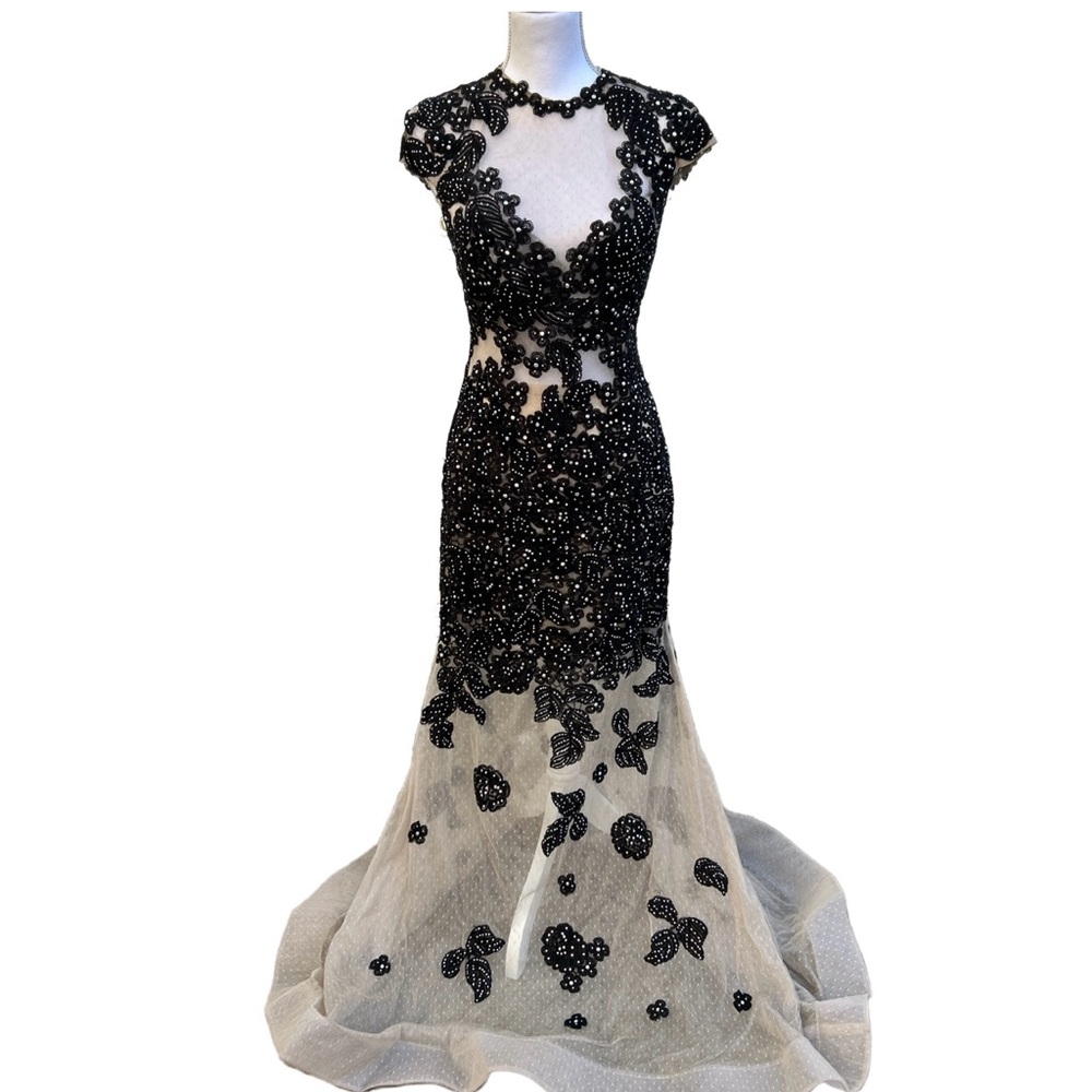 Beaded High Collar Mermaid Sleeveless Evening Dress - Black